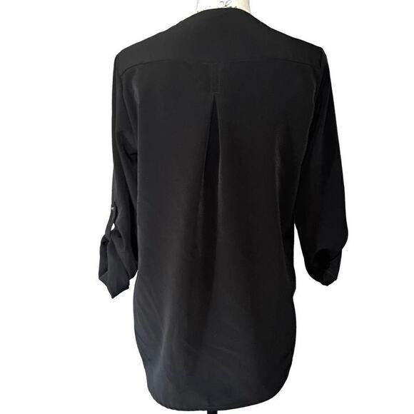 Zara Basic black roll sleeve v-neck blouse medium - Picture 5 of 7